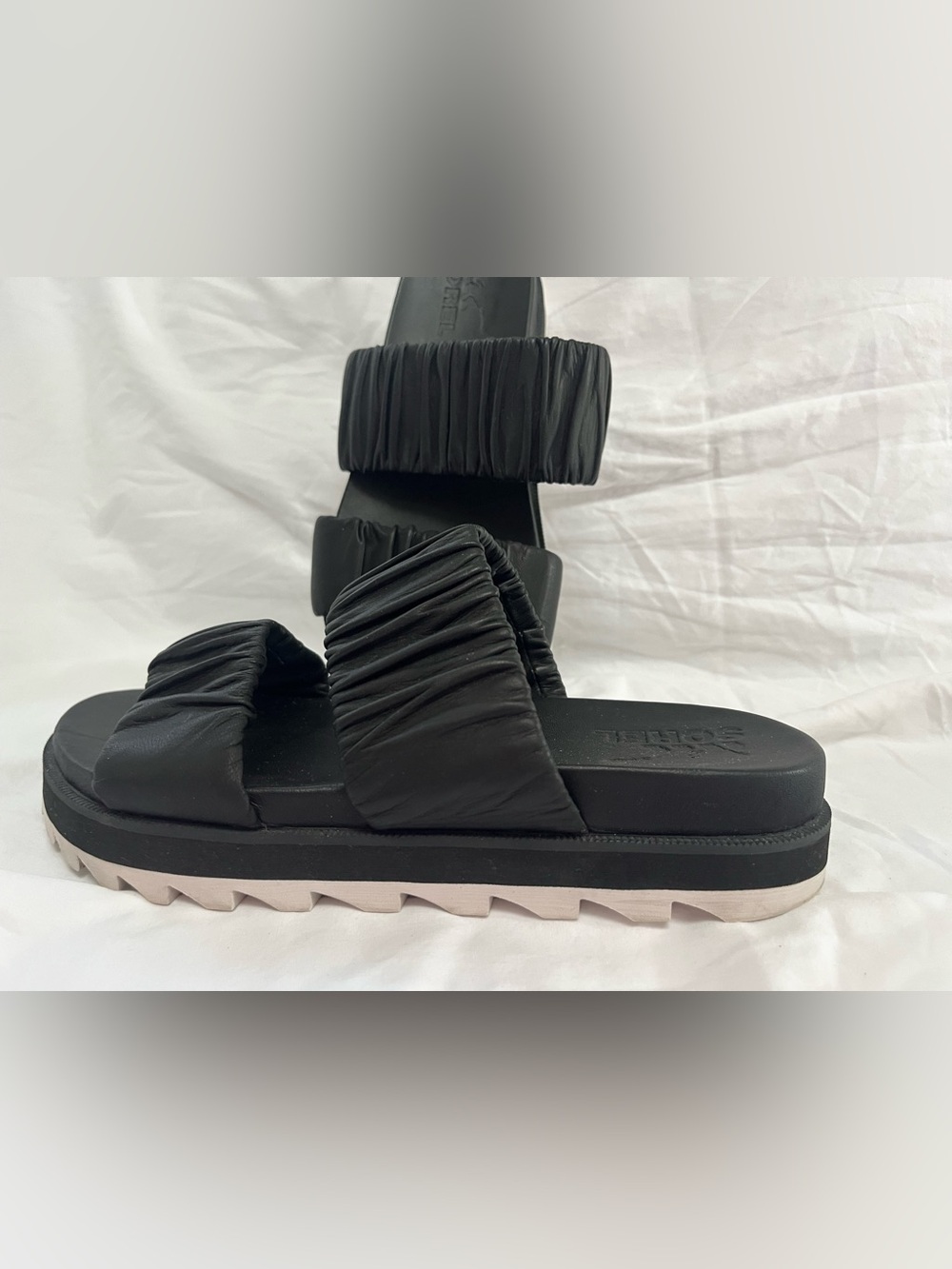 Sorel Black leather Ruched Double-Strap Platform Slide Sandals
